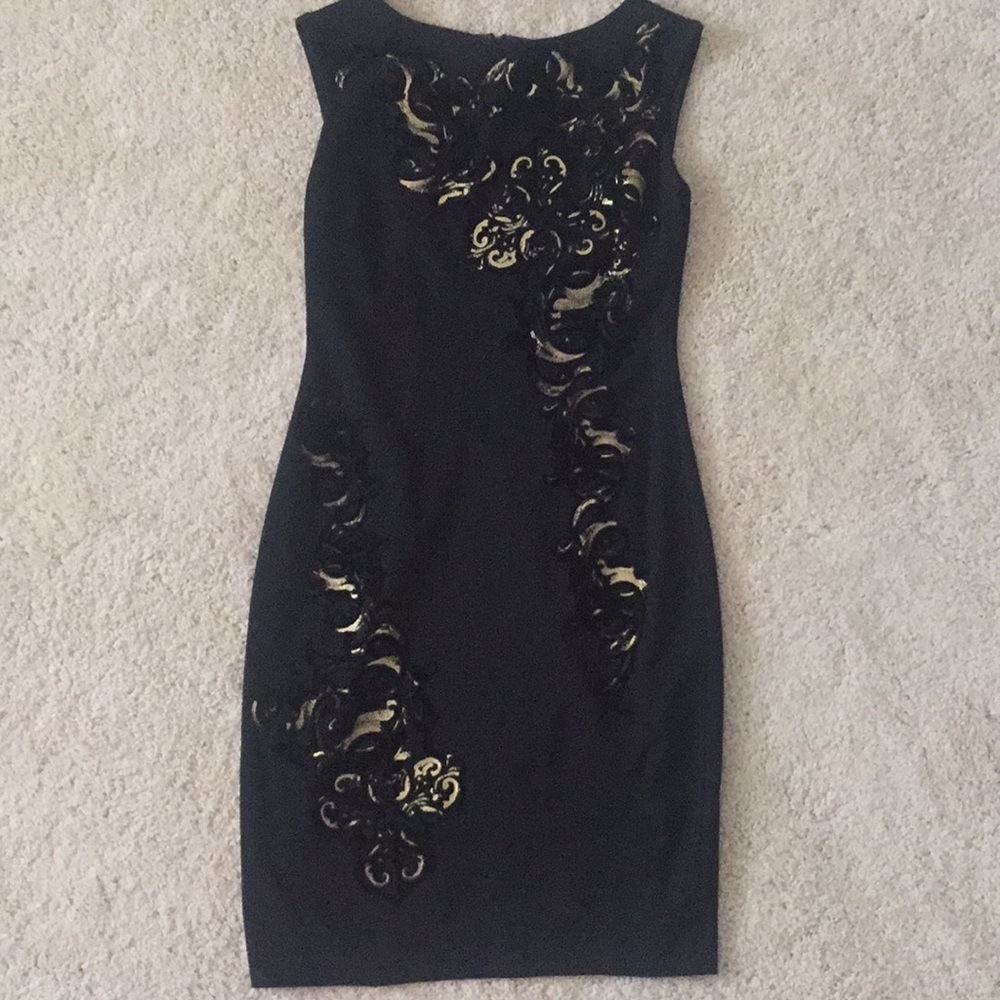 Black formal dress with gold foil & velvet detail